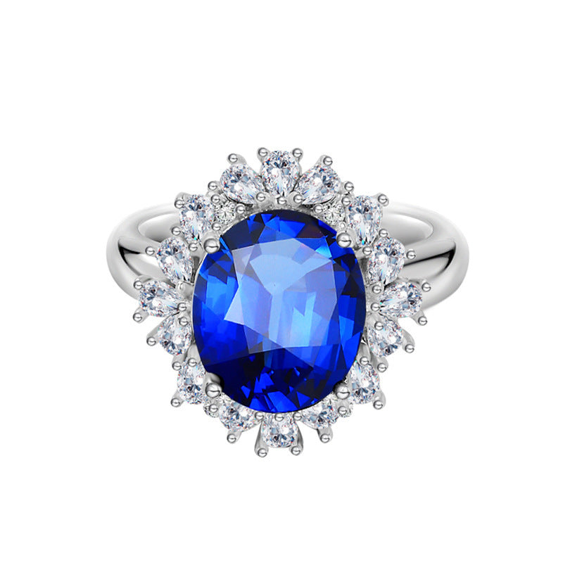 S925 Sterling Silver Rhinestone Ring Sapphire 8 Karat