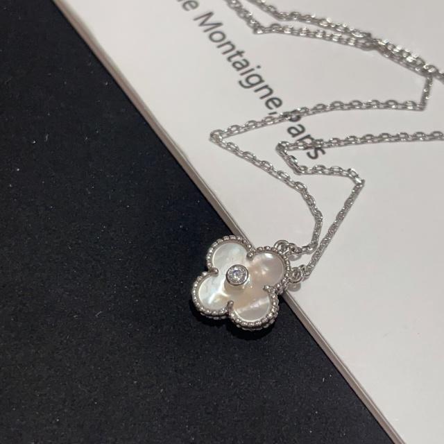 Beaded four-leaf gemstone necklace with diamonds